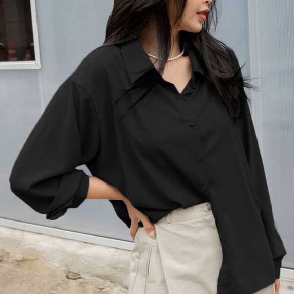 Classic button down black oversized shirt minimalist preppy - Picture 1 of 2